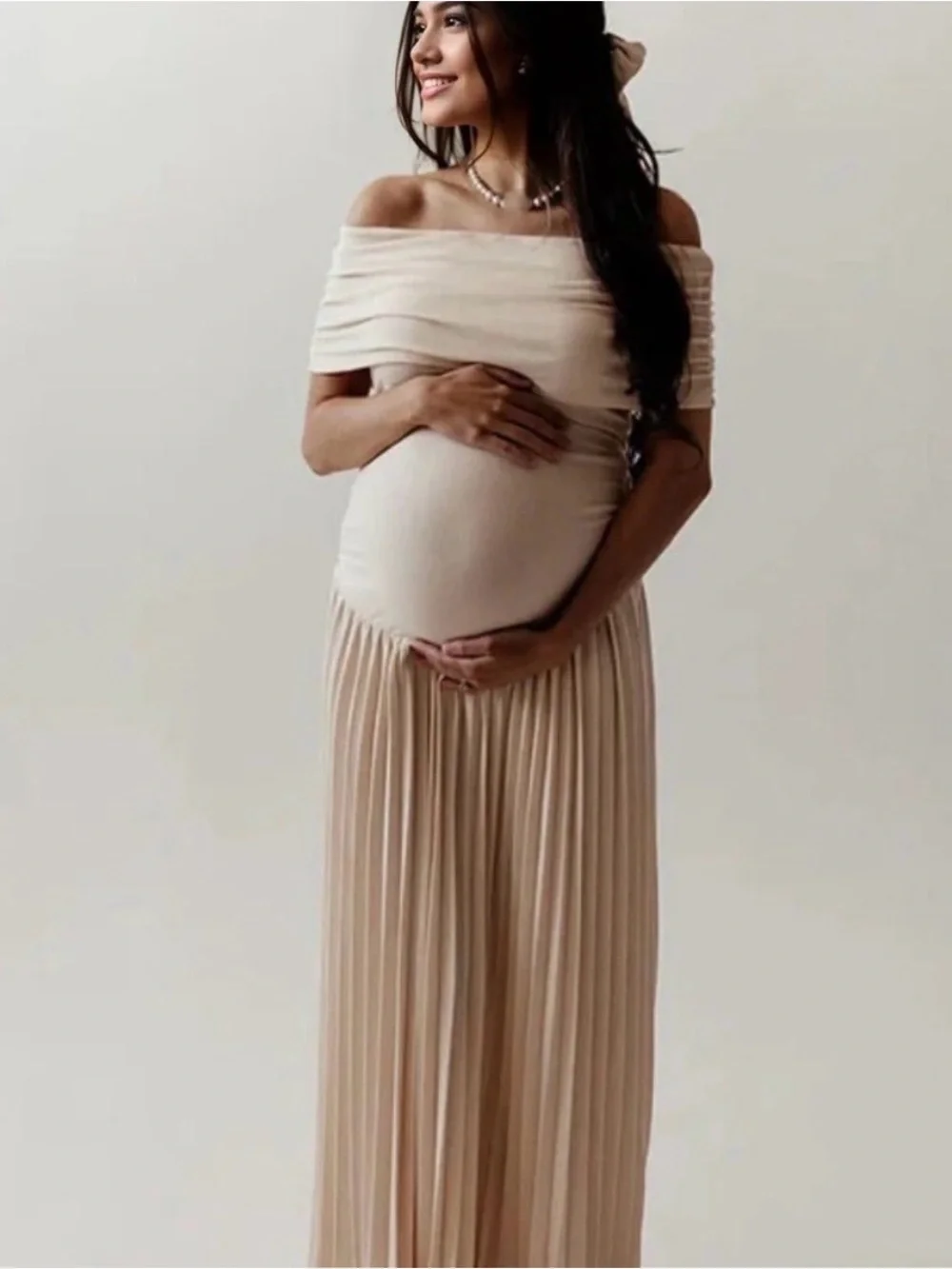 Beige Off-Shoulder Maternity Gown